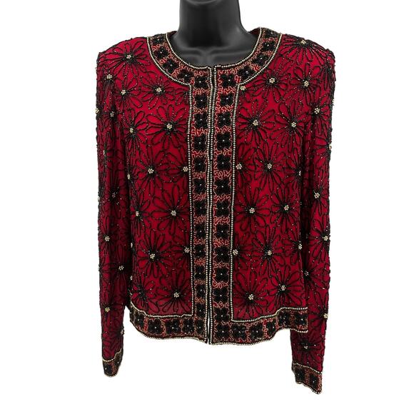 Papell Boutique Evening Jacket WMNS 8P Red Silk Floral Sequin Trophy Brocade Vtg - Picture 2 of 12